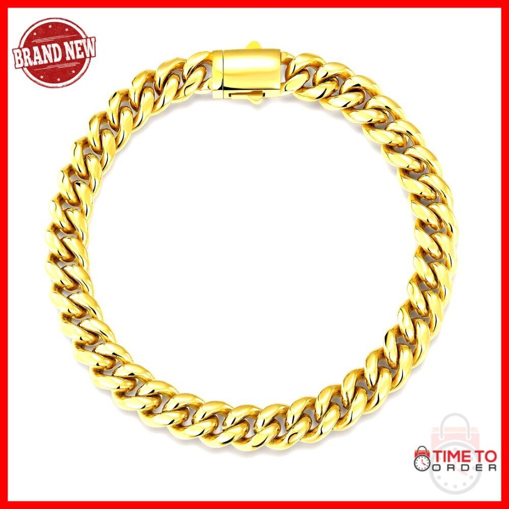 8mm Cuban Link Bracelet 8 Inch Stainless Steel Gold Filled Waterproof